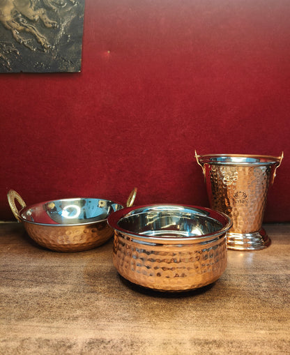 Copper Serving Handi, Bucket & Wok | Hammered Serveware Set of 3 - Copper with Stainless Steel Inside |
