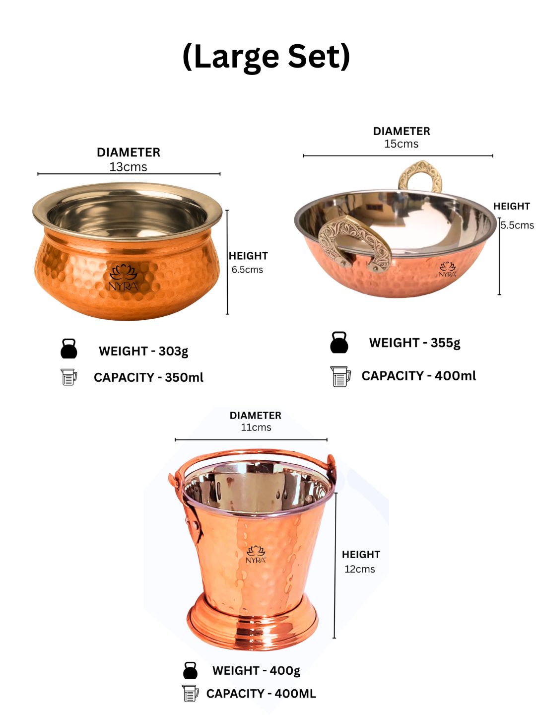 Copper Serving Handi, Bucket & Wok | Hammered Serveware Set of 3 - Copper with Stainless Steel Inside |