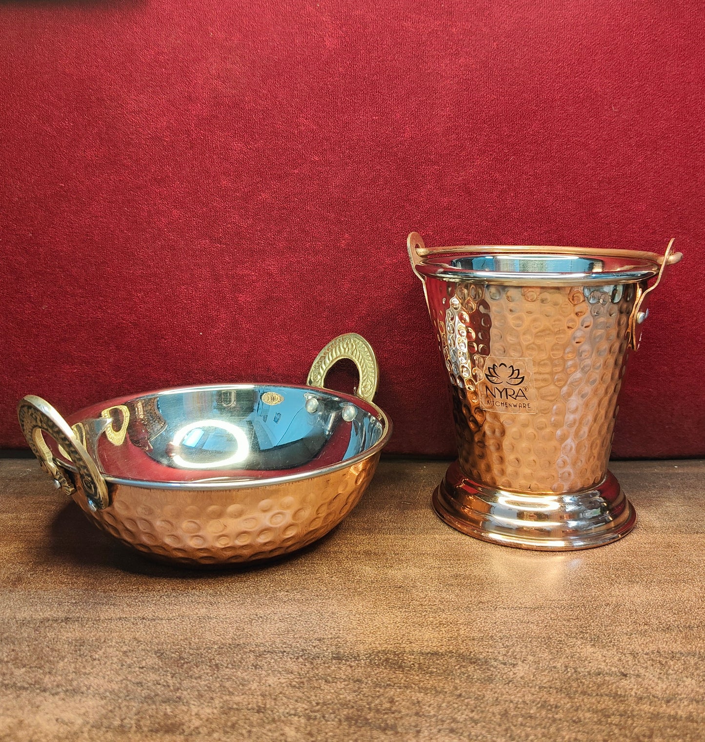 Copper Hammered Wok & Bucket Set - Traditional Serveware Set | Stainless Steel Inside & Copper Outside Balti & Kadhai