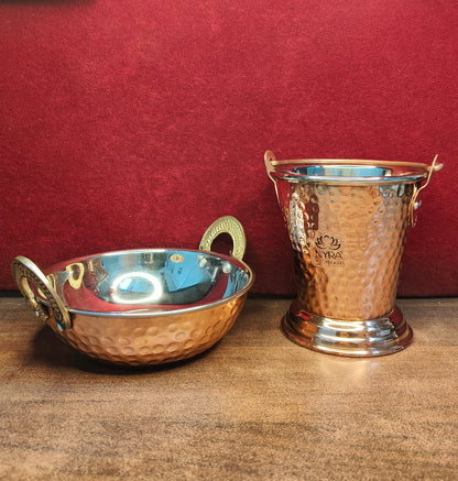 Copper Hammered Wok & Bucket Set - Traditional Serveware Set | Stainless Steel Inside & Copper Outside Balti & Kadhai