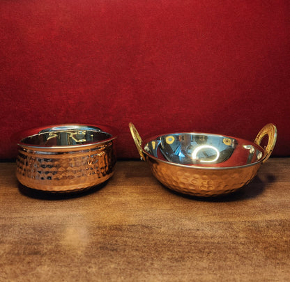 Premium Hammered Copper Handi & Kadhai Set | Traditional Serveware with Stainless Steel Inside