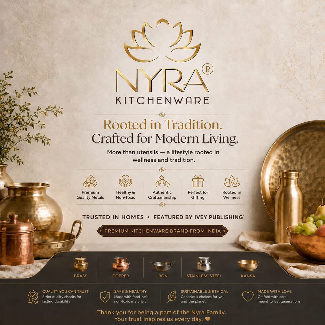 Nyra Kitchenware advertisement with gold kitchenware items on a neutral background