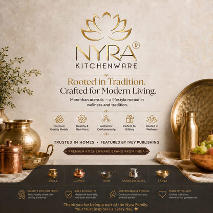 Nyra Kitchenware advertisement with gold kitchenware items on a neutral background