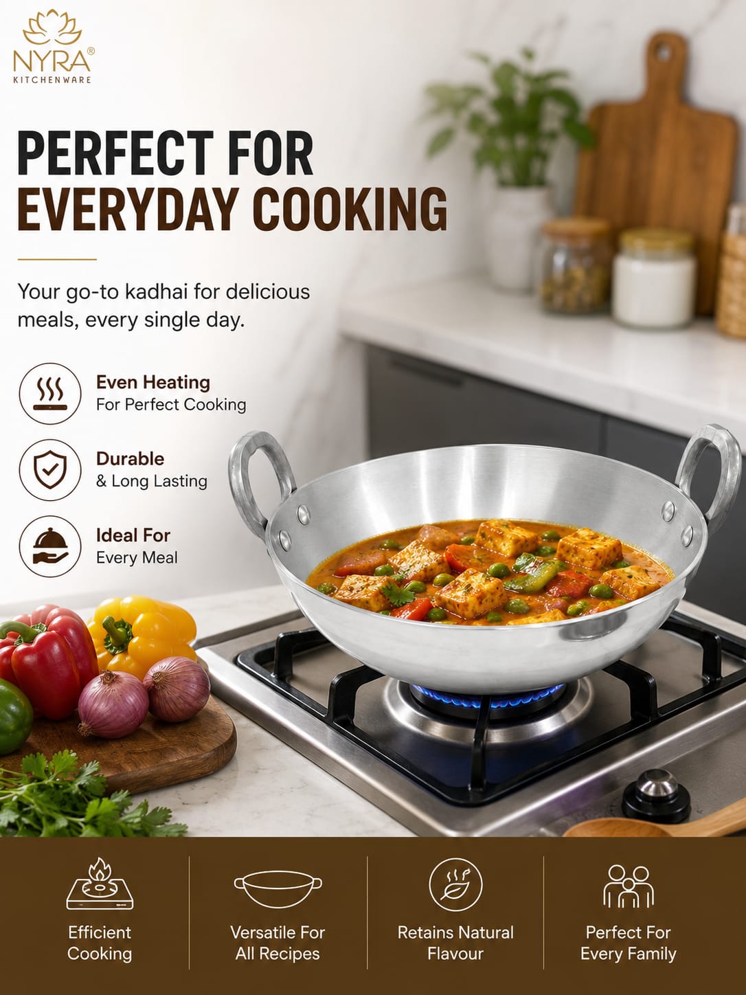 Aluminium Wok/Kadhai with Sturdy Handle - 4 Sizes
