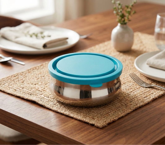 Stainless steel container with blue lid on a wooden table setting