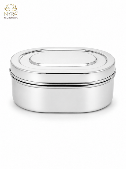 Nyra® Capsule Shaped Multi-Purpose Stainless Steel Food Storage Container | Tiffin, Flat Canister, Dibba | Airtight & Glossy Finish - Available in 3 sizes |