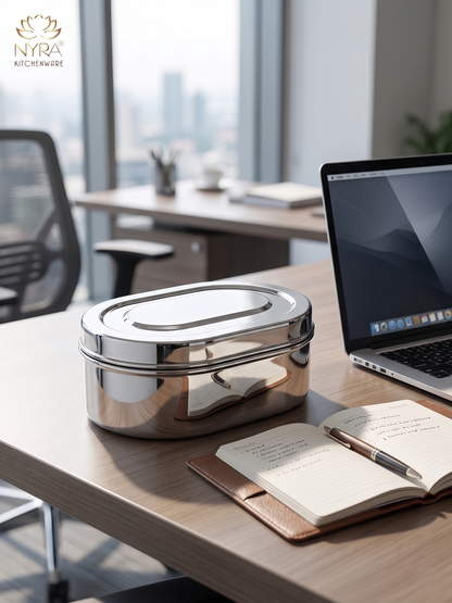 Nyra® Capsule Shaped Multi-Purpose Stainless Steel Food Storage Container | Tiffin, Flat Canister, Dibba | Airtight & Glossy Finish - Available in 3 sizes |
