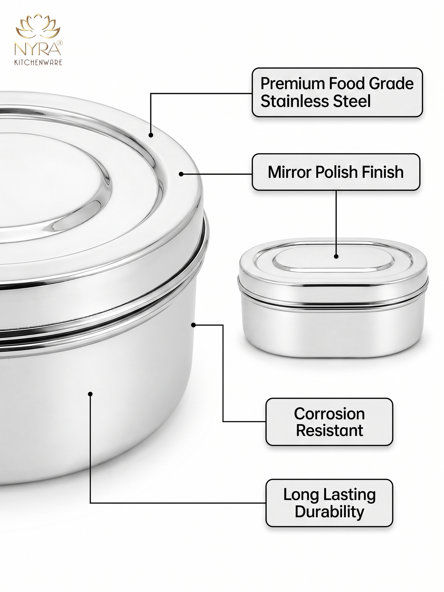 Nyra® Capsule Shaped Multi-Purpose Stainless Steel Food Storage Container | Tiffin, Flat Canister, Dibba | Airtight & Glossy Finish - Available in 3 sizes |