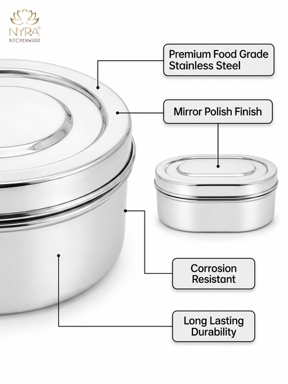 Nyra® Capsule Shaped Multi-Purpose Stainless Steel Food Storage Container | Tiffin, Flat Canister, Dibba | Airtight & Glossy Finish - Available in 3 sizes |