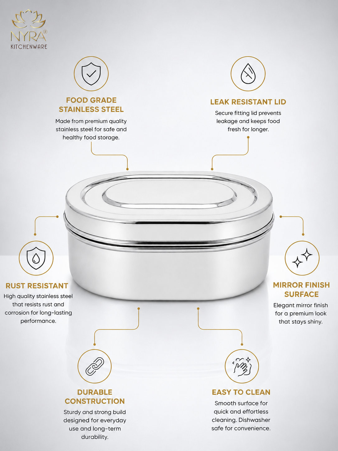 Nyra® Capsule Shaped Multi-Purpose Stainless Steel Food Storage Container | Tiffin, Flat Canister, Dibba | Airtight & Glossy Finish - Available in 3 sizes |