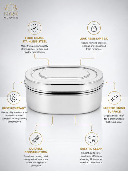 Nyra® Capsule Shaped Multi-Purpose Stainless Steel Food Storage Container | Tiffin, Flat Canister, Dibba | Airtight & Glossy Finish - Available in 3 sizes |