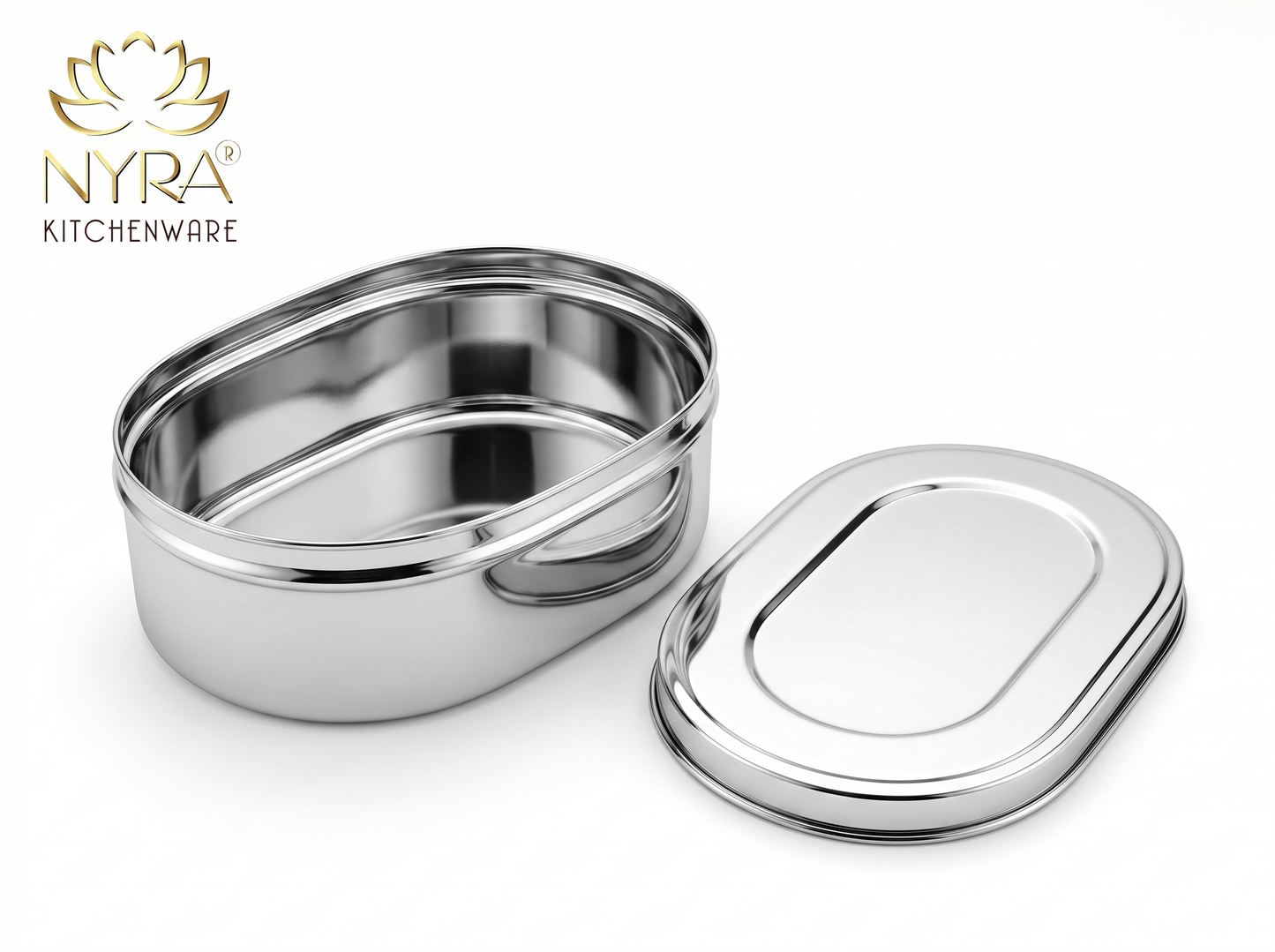 Nyra® Capsule Shaped Multi-Purpose Stainless Steel Food Storage Container | Tiffin, Flat Canister, Dibba | Airtight & Glossy Finish - Available in 3 sizes |
