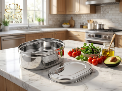 Nyra® Capsule Shaped Multi-Purpose Stainless Steel Food Storage Container | Tiffin, Flat Canister, Dibba | Airtight & Glossy Finish - Available in 3 sizes |