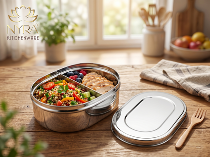 Nyra® Capsule Shaped Multi-Purpose Stainless Steel Food Storage Container | Tiffin, Flat Canister, Dibba | Airtight & Glossy Finish - Available in 3 sizes |