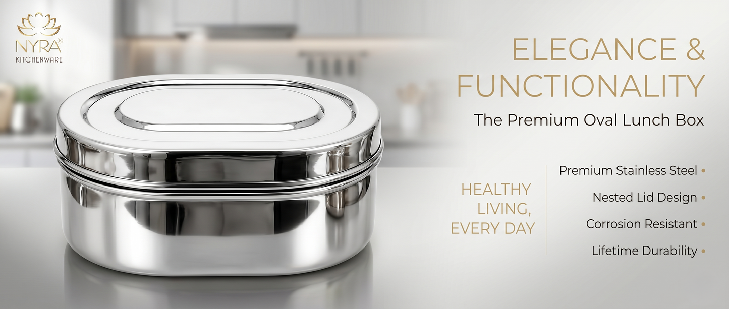 Nyra® Capsule Shaped Multi-Purpose Stainless Steel Food Storage Container | Tiffin, Flat Canister, Dibba | Airtight & Glossy Finish - Available in 3 sizes |