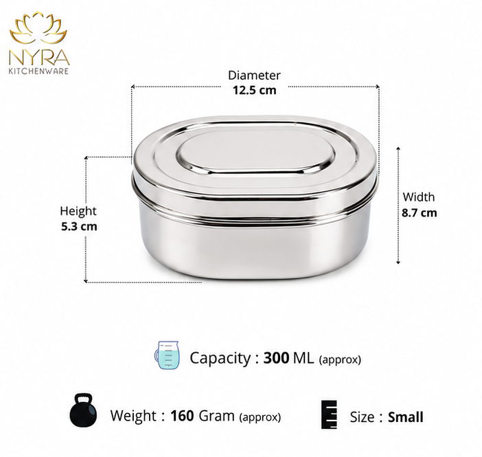 Nyra® Capsule Shaped Multi-Purpose Stainless Steel Food Storage Container | Tiffin, Flat Canister, Dibba | Airtight & Glossy Finish - Available in 3 sizes |