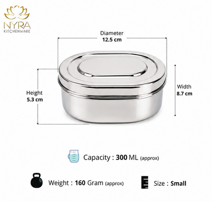 Nyra® Capsule Shaped Multi-Purpose Stainless Steel Food Storage Container | Tiffin, Flat Canister, Dibba | Airtight & Glossy Finish - Available in 3 sizes |