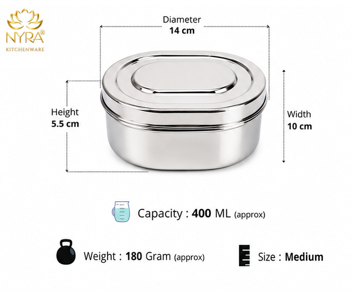 Nyra® Capsule Shaped Multi-Purpose Stainless Steel Food Storage Container | Tiffin, Flat Canister, Dibba | Airtight & Glossy Finish - Available in 3 sizes |