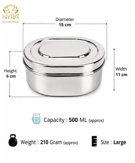 Nyra® Capsule Shaped Multi-Purpose Stainless Steel Food Storage Container | Tiffin, Flat Canister, Dibba | Airtight & Glossy Finish - Available in 3 sizes |