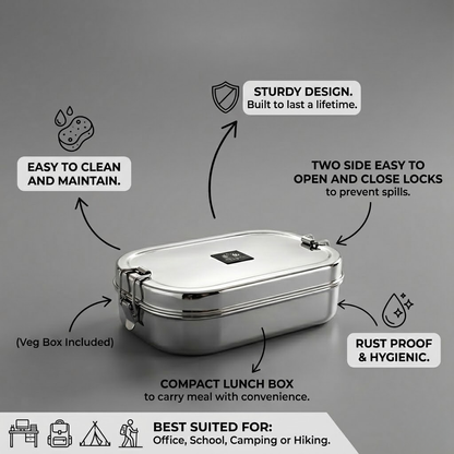 Stainless Steel Rectangular Lunch Box | Leak-Proof Tiffin with Inner Container & Locking Clip