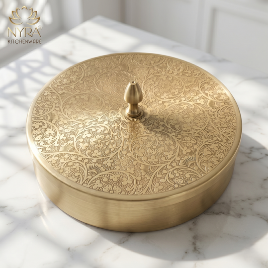 Premium Brass Spice Box with 7 Compartments & Spoon | Authentic Indian Masala Dabba - Handcrafted Embossed Lid Masaldani | Eco-Friendly Peetal Storage for Kitchen