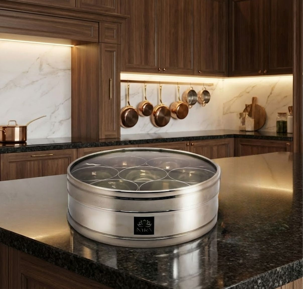 Nyra Stainless Steel Masaldani/Spice Box With See-Through Lid with 7 storing bowls