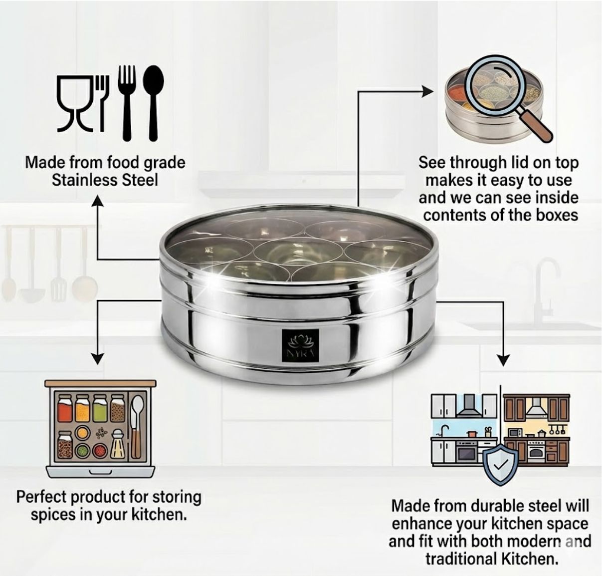 Nyra Stainless Steel Masaldani/Spice Box With See-Through Lid with 7 storing bowls