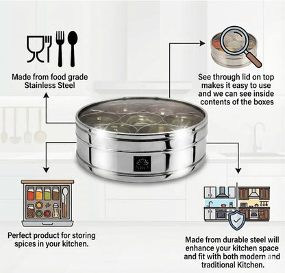 Nyra Stainless Steel Masaldani/Spice Box With See-Through Lid with 7 storing bowls