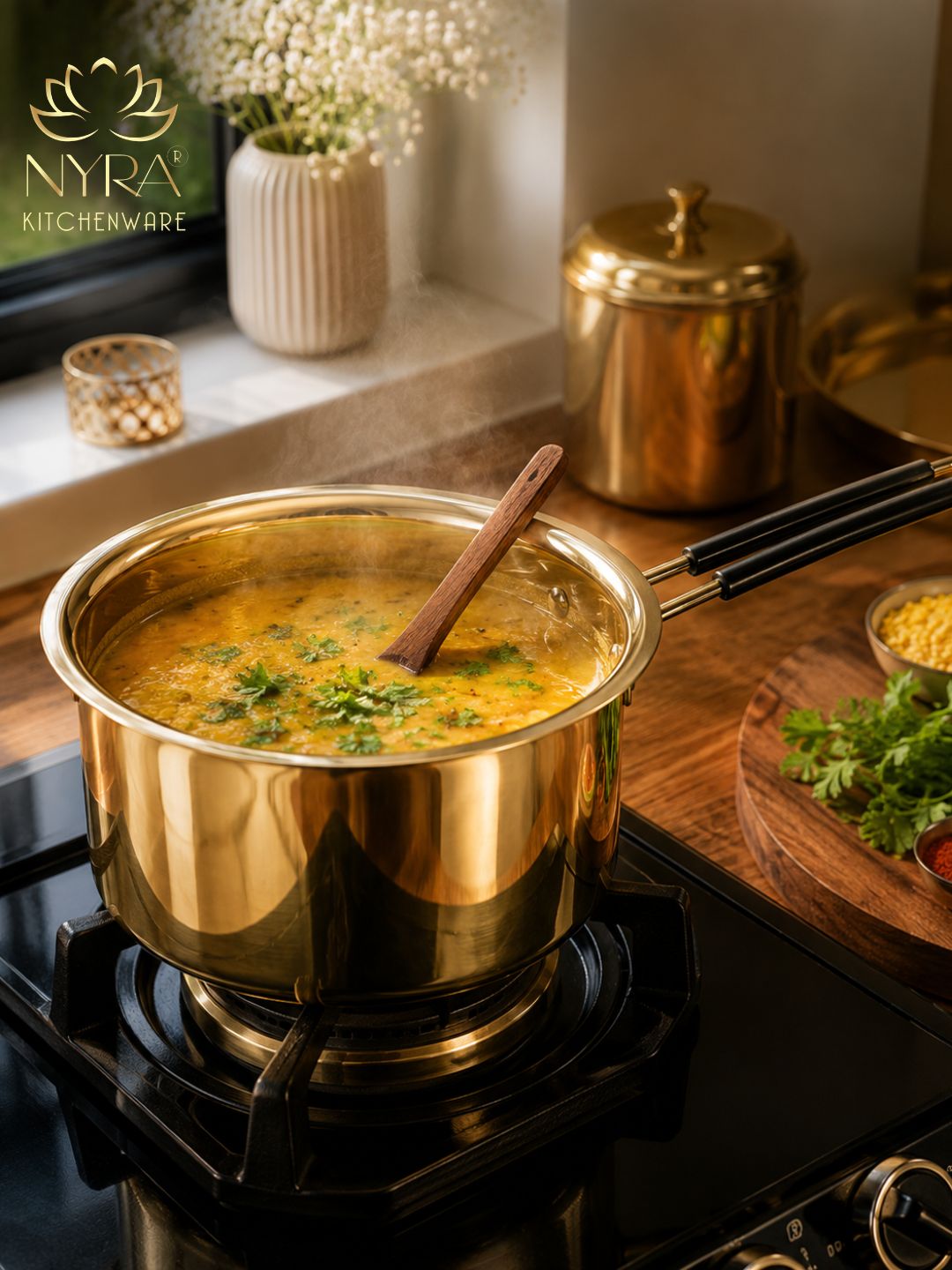 A shiny brass-colored stainless steel pot filled with a yellow-orange soup, sitting on a black stovetop in a kitchen setting. A wooden spoon rests inside the pot, and the brand logo 'NYRA KITCHENWARE' is visible in the top left corner.