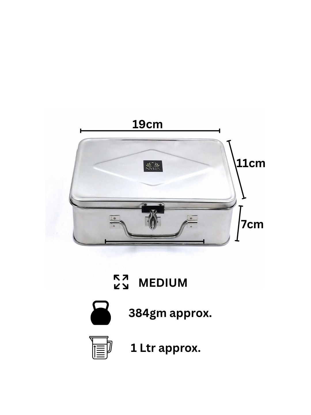 Silver storage box with dimensions and weight information on a white background