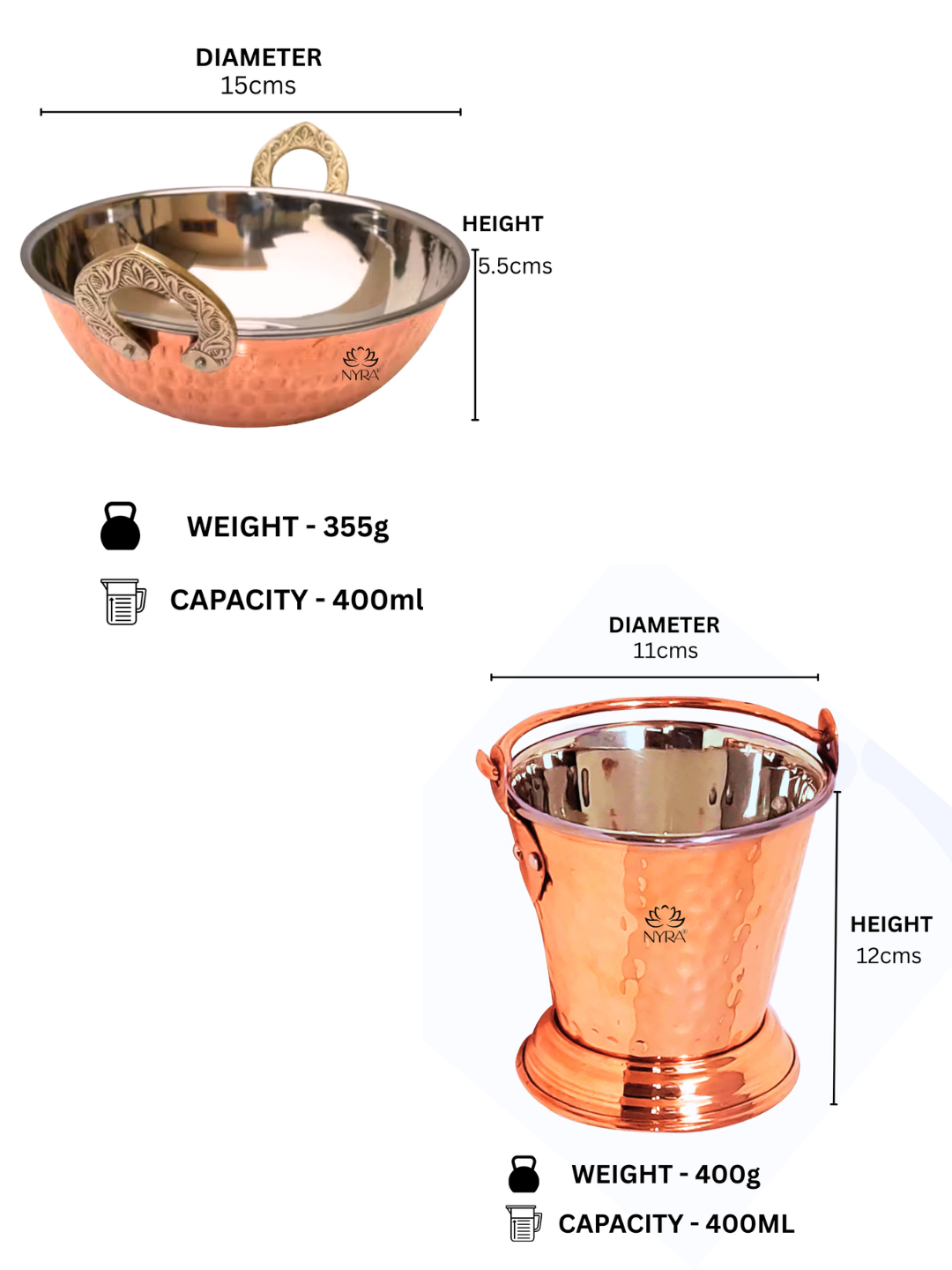 Copper Hammered Wok & Bucket Set - Traditional Serveware Set | Stainless Steel Inside & Copper Outside Balti & Kadhai