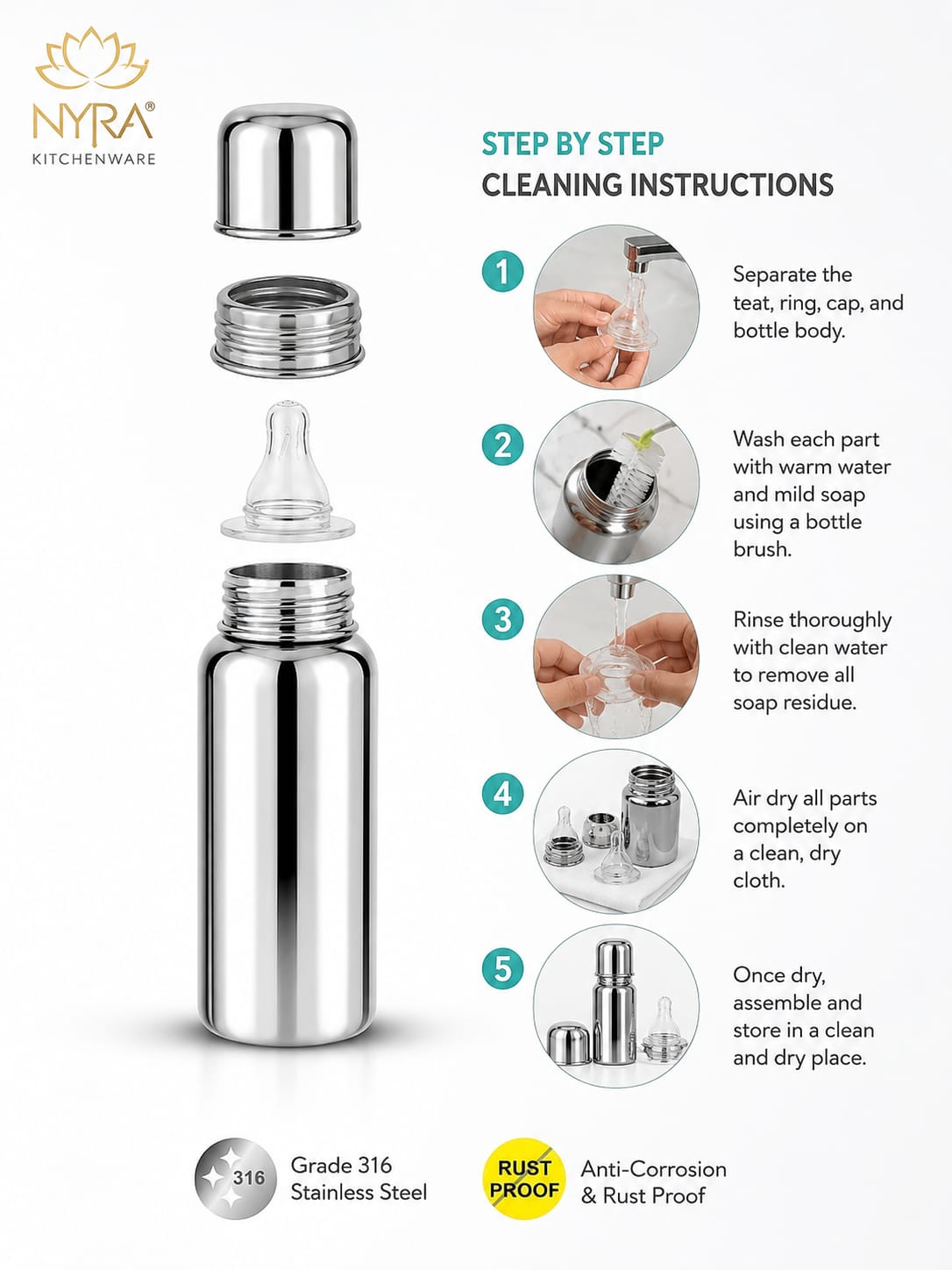 Stainless Steel Baby Feeding Bottle | Anti-Colic, Leak-Proof & BPA-Free