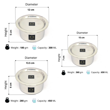 Stainless Steel Mini Bhagona | Induction Base Bhagona Multi-Purpose Food-grade Cooktop - Set of 3