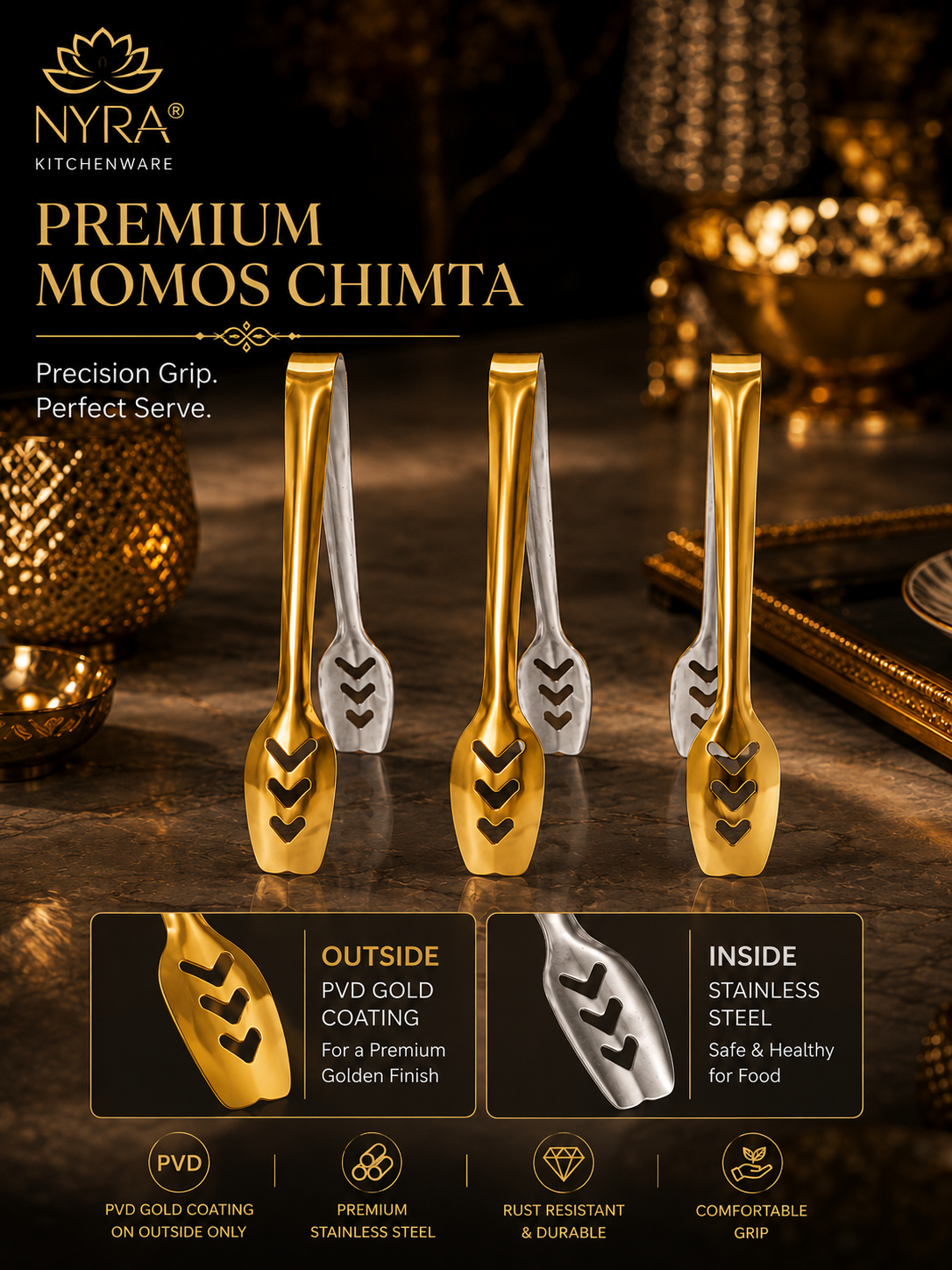 Stainless Steel Serving Tongs/Chimta - Multi-Purpose Kitchen Tool Set