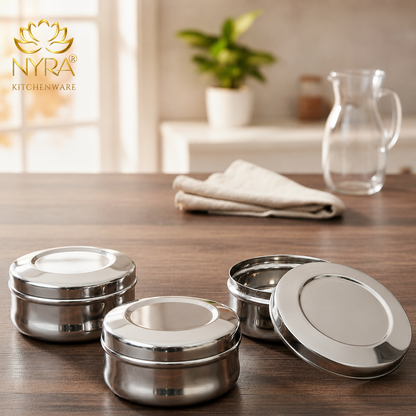 Stainless Steel Belly-shaped Dibbi/Container Set | Mirror Finish & Heavy Duty – Ideal Kitchen Storage Solution