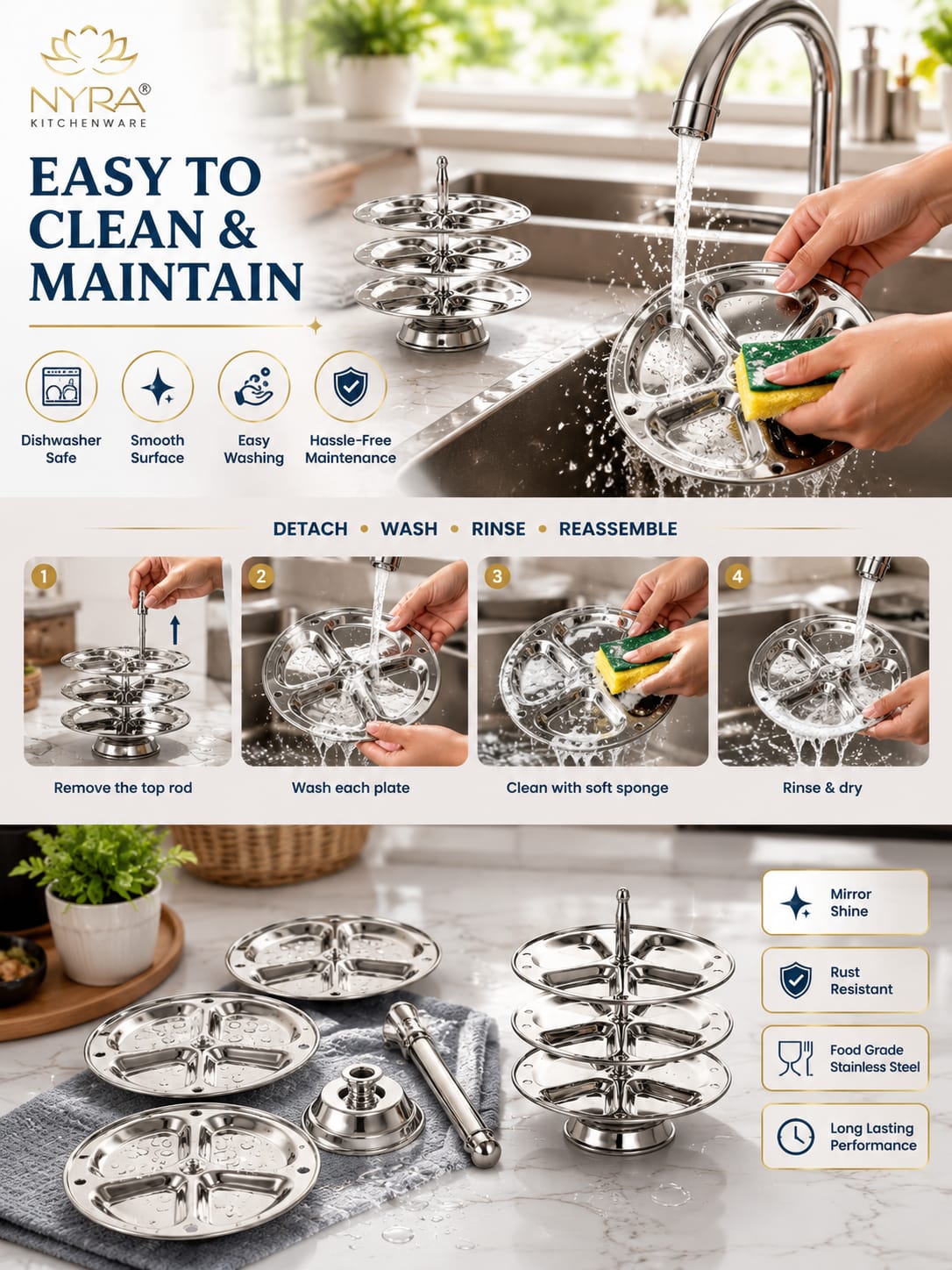 Stainless Steel  3-Plate Fancy Idly Stand with 3 Unique Designs
