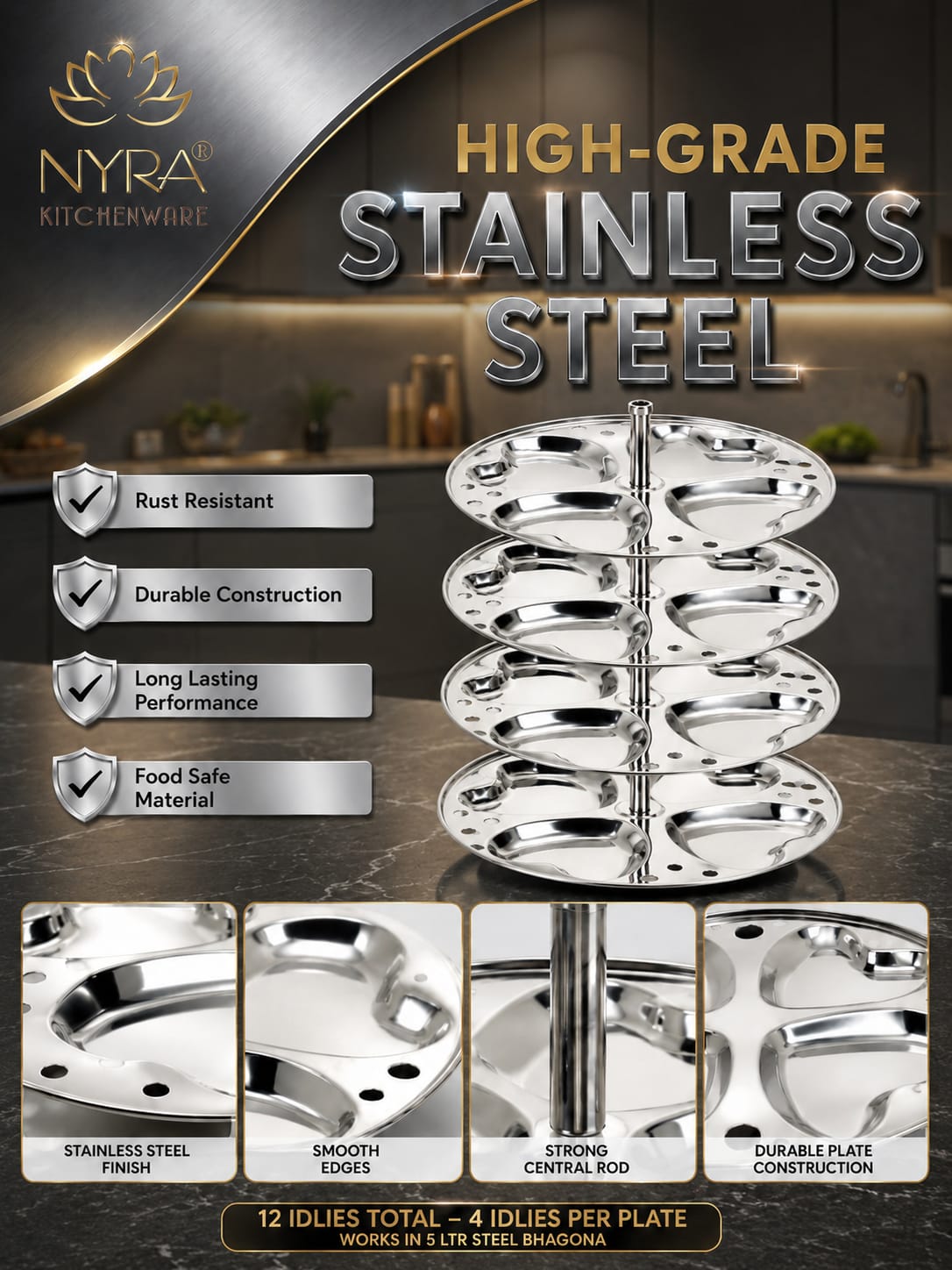 Stainless Steel  3-Plate Fancy Idly Stand with 3 Unique Designs