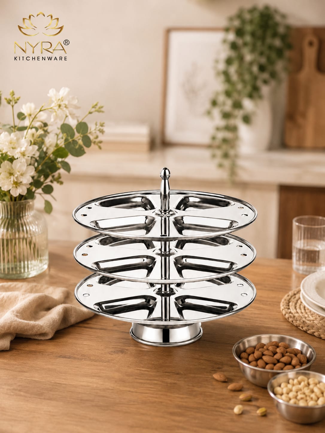 Stainless Steel  3-Plate Fancy Idly Stand with 3 Unique Designs