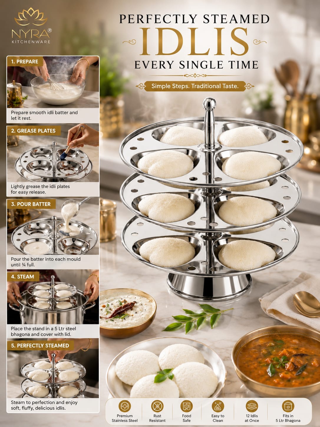 Stainless Steel  3-Plate Fancy Idly Stand with 3 Unique Designs