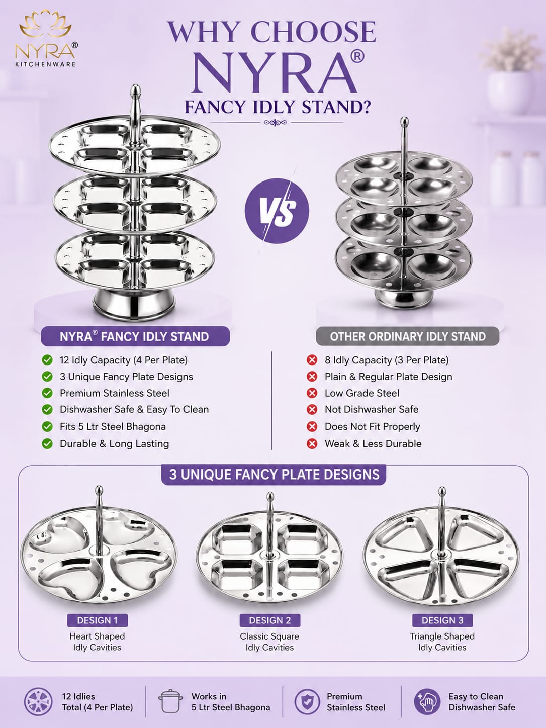 Stainless Steel  3-Plate Fancy Idly Stand with 3 Unique Designs