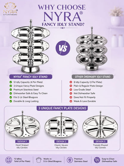 Stainless Steel  3-Plate Fancy Idly Stand with 3 Unique Designs
