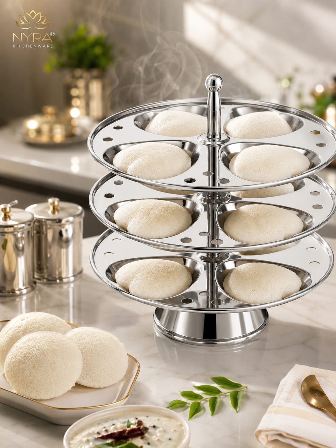 Stainless Steel  3-Plate Fancy Idly Stand with 3 Unique Designs