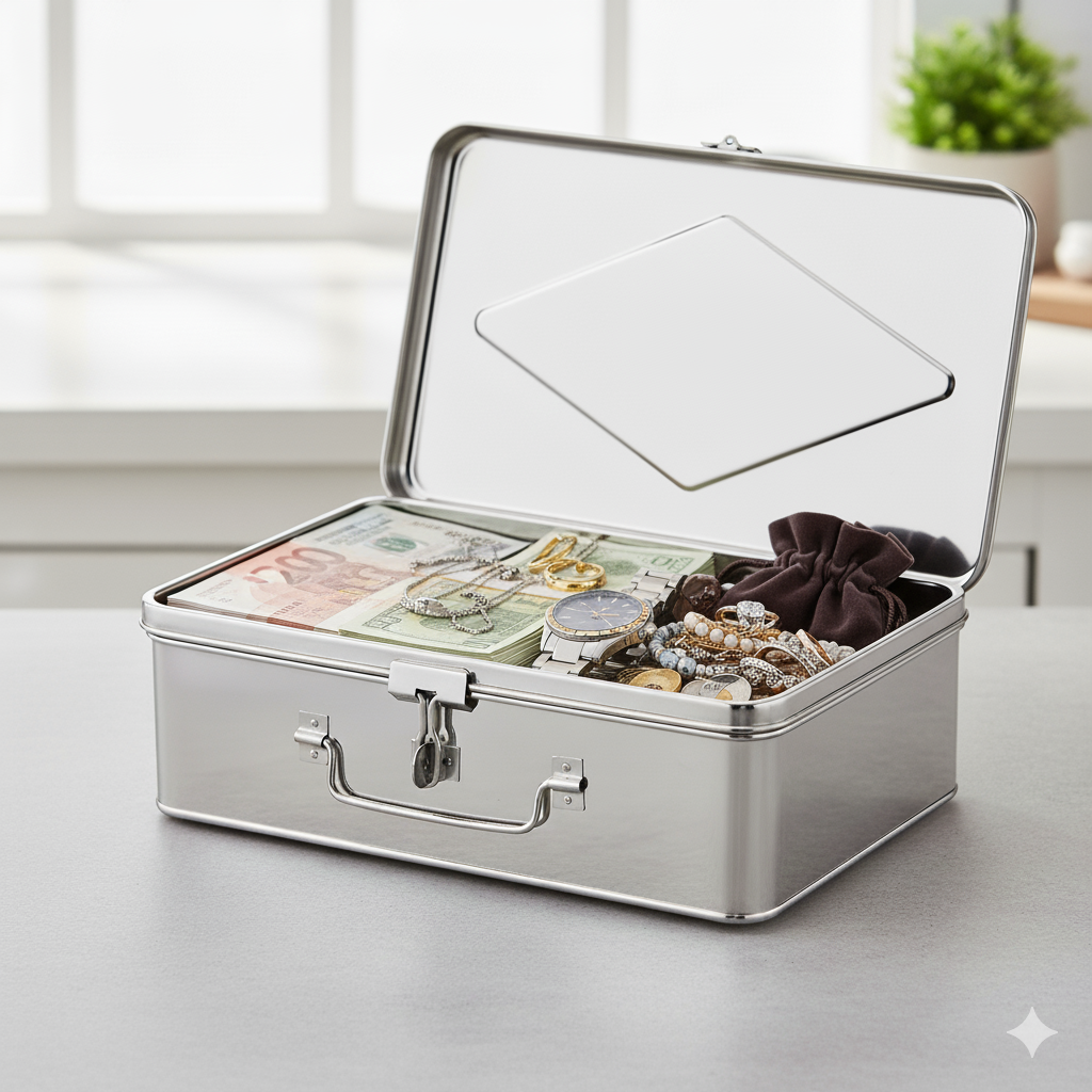 Silver jewelry box with money and jewelry on a light surface