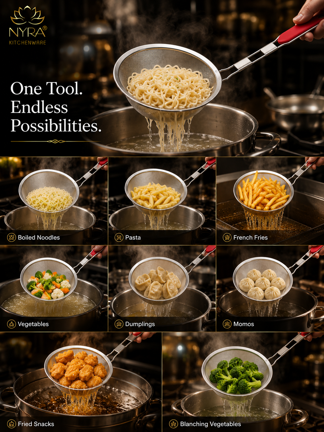 Stainless Steel Deep Fry Strainer with Plastic Handle – Versatile Skimmer/Jhara