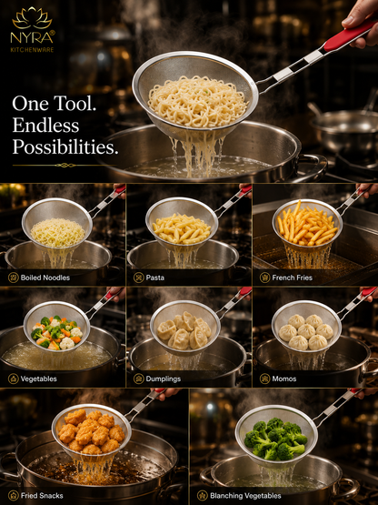 Stainless Steel Deep Fry Strainer with Plastic Handle – Versatile Skimmer/Jhara