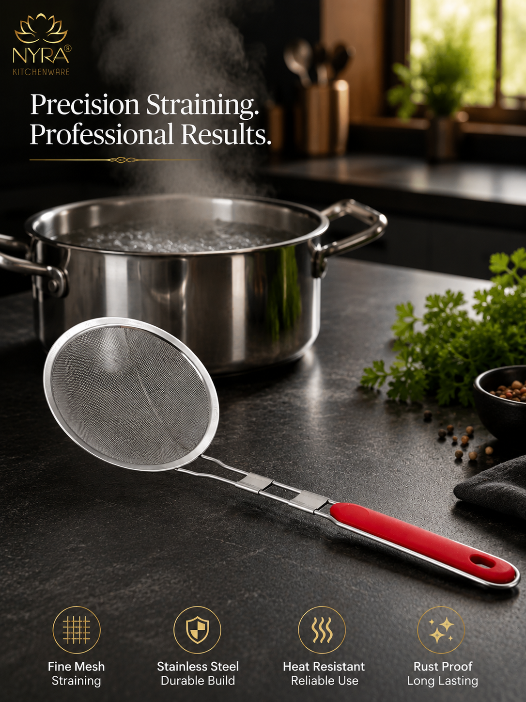 Stainless Steel Deep Fry Strainer with Plastic Handle – Versatile Skimmer/Jhara