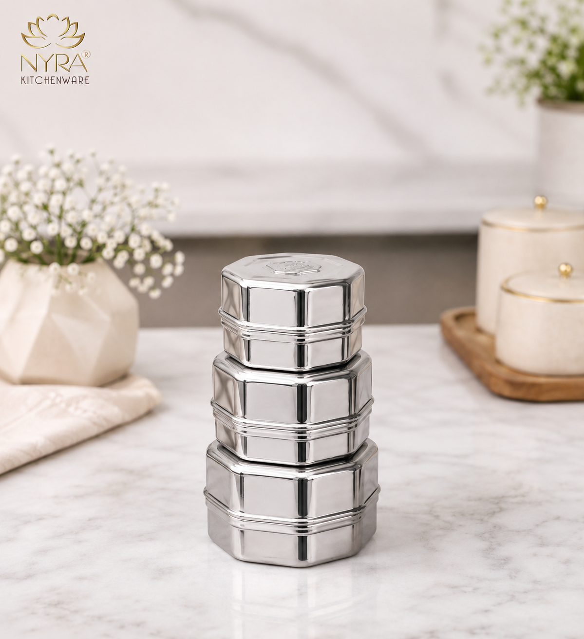 Stainless Steel Square Dibbi Set - Multipurpose Storage Containers (Set of 3 pcs) for Kitchen, Spice, and Snacks