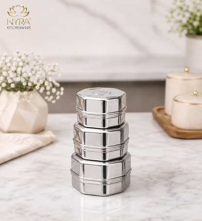 Stainless Steel Square Dibbi Set - Multipurpose Storage Containers (Set of 3 pcs) for Kitchen, Spice, and Snacks