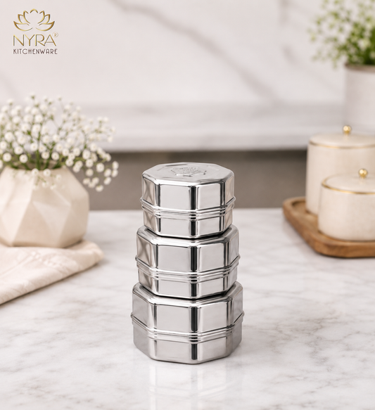 Stainless Steel Square Dibbi Set - Multipurpose Storage Containers (Set of 3 pcs) for Kitchen, Spice, and Snacks