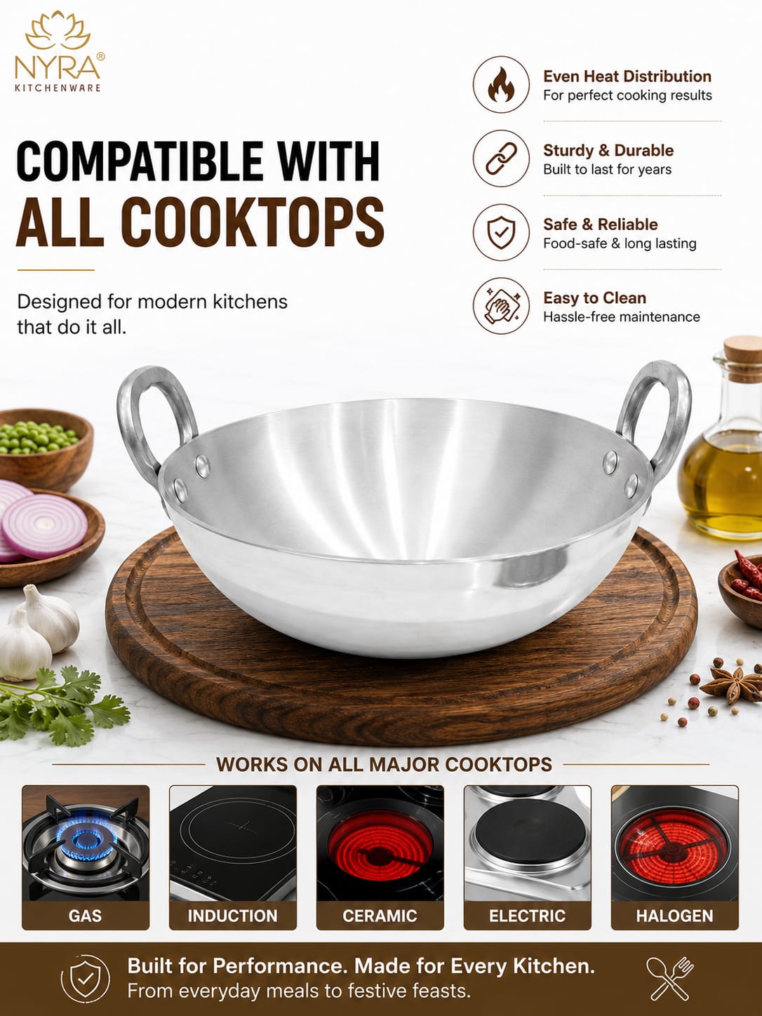 Aluminium Wok/Kadhai with Sturdy Handle - 4 Sizes